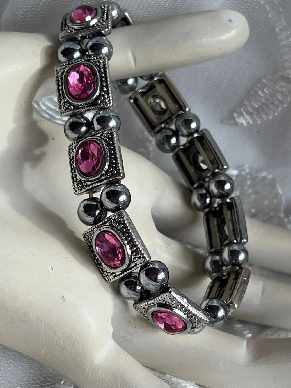 Silver-Tone Bracelet with Pink Gem Accents